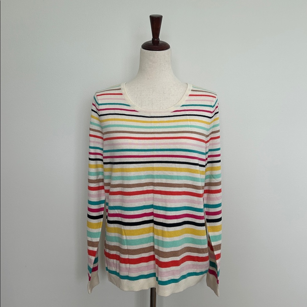 Talbots Rainbow Striped Cashmere Blend Ruffle Back Zipper Sweater Size Large